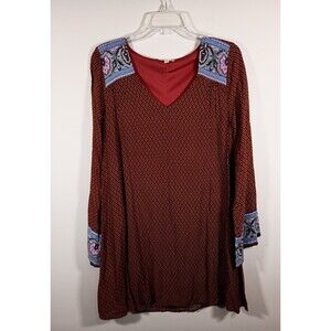 Entro Boho Long Flared Sleeves Rayon Retro 60s Brown Print Dress Size Small